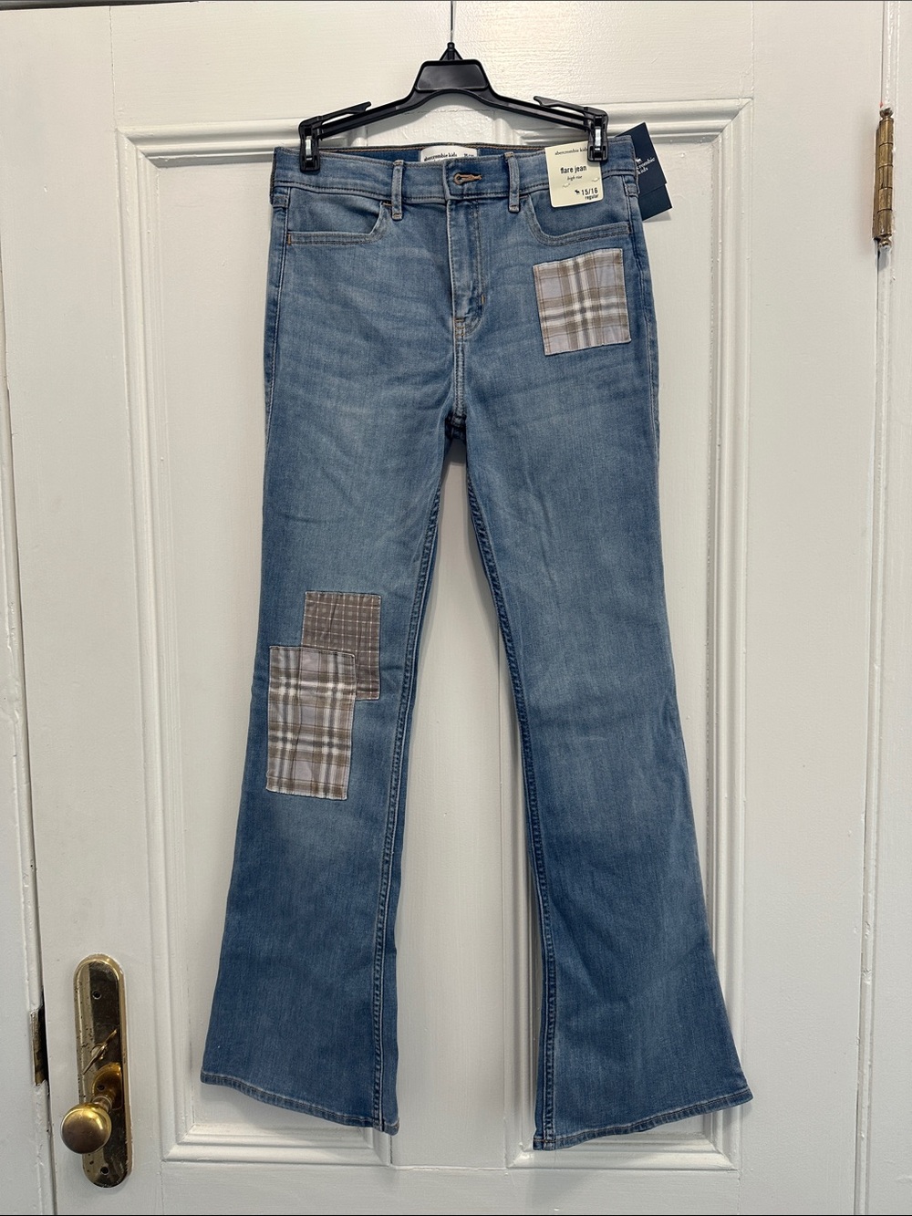 abercrombie kids Blue Denim Flare Jeans with Plaid Patchwork